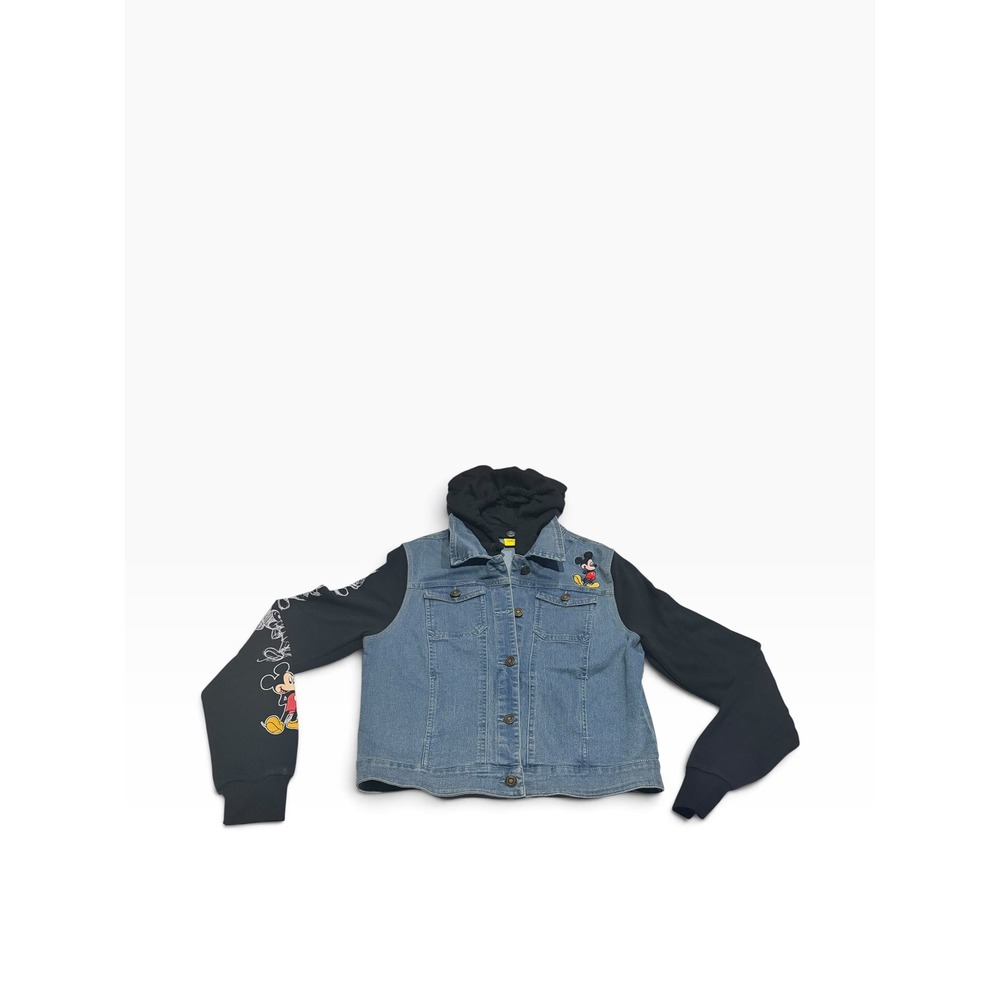 Disney Mickey Mouse Mixed Media Denim Jacket Removable Hood Blue Black